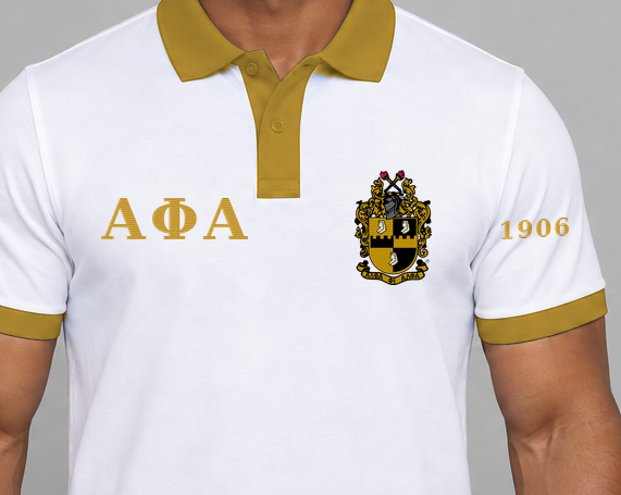 Alpha Phi Alpha premium embroidered white solid contrast trim polo on model - chest embroidery close-up
