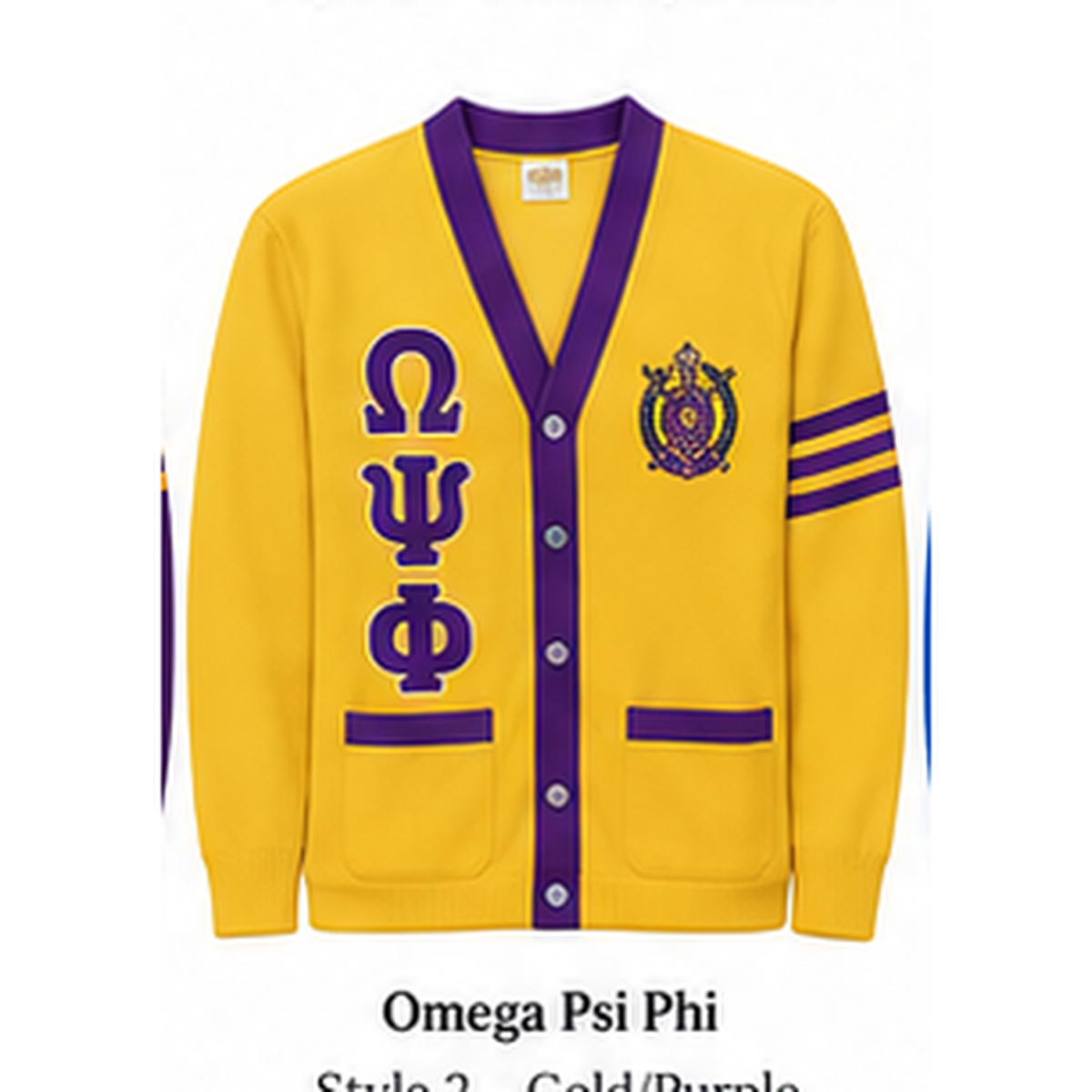 Omega Psi Phi gold and purple custom embroidered cardigan