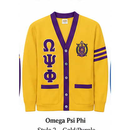 Omega Psi Phi gold and purple custom embroidered cardigan