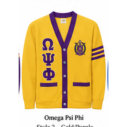 Omega Psi Phi gold and purple custom embroidered cardigan