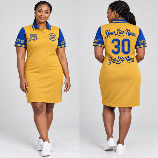 Polo Dress Gold Royal Blue embroidered line name number ship name front back and sleeves on model