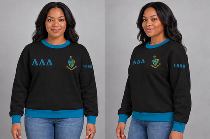 Delta Delta Delta premium embroidered black solid contrast trim crewneck sweatshirt on model - front and side