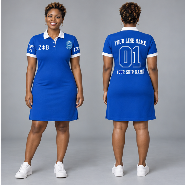 Zeta Phi Beta Royal Blue and White personalized polo dress on an adult model, original supplied crest and ΖΦΒ letters, sample line name, line number 01, ship name, crossing year and chapter initials.