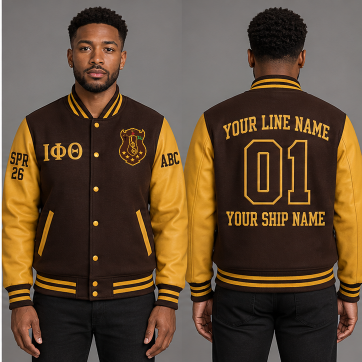 Iota Phi Theta Charcoal Brown and Gilded Gold personalized wool varsity jacket on an adult model, original supplied crest and ΙΦΘ letters, sample line name, line number 01, ship name, crossing year and chapter initials.