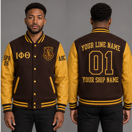 Iota Phi Theta Charcoal Brown and Gilded Gold personalized wool varsity jacket on an adult model, original supplied crest and ΙΦΘ letters, sample line name, line number 01, ship name, crossing year and chapter initials.