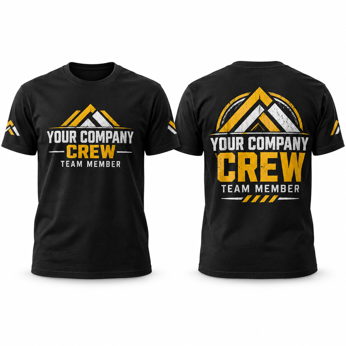 Custom Staff & Work Crew full-color printed black T-shirt front back and sleeve sample
