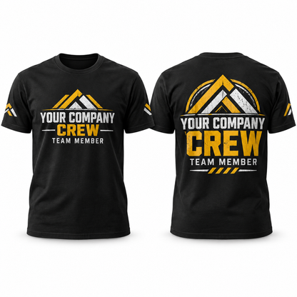 Custom Staff & Work Crew full-color printed black T-shirt front back and sleeve sample