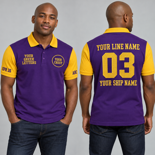 Purple Gold embroidered chapter polo with crest letters line name number ship name crossing year and chapter initials