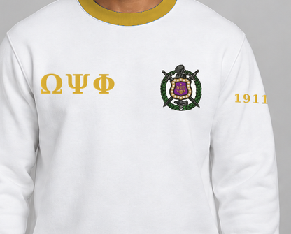 Omega Psi Phi premium embroidered white solid contrast trim crewneck sweatshirt on model - chest embroidery close-up