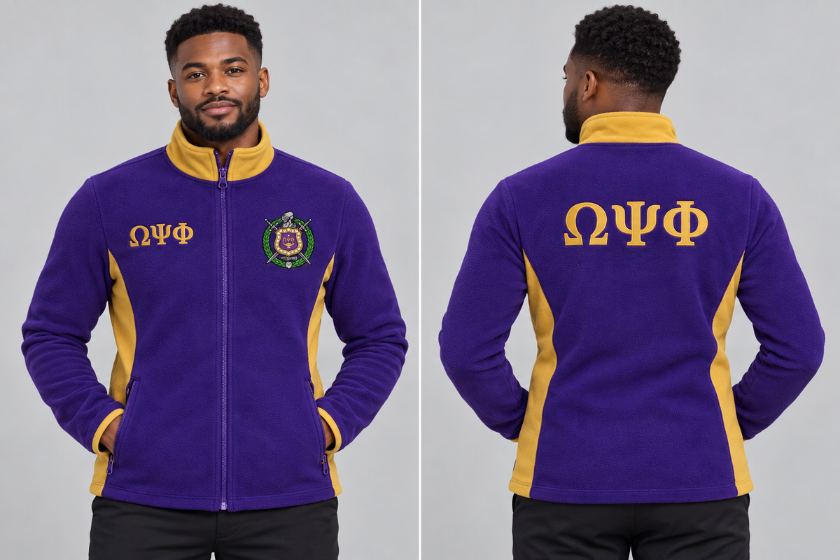 Omega Psi Phi fitted Purple and Old Gold polar fleece jacket on man model, front and back