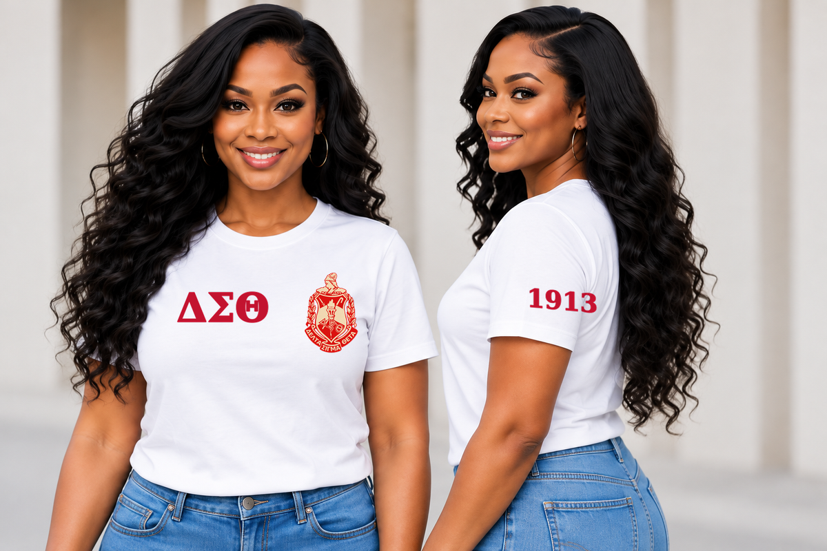 Delta Sigma Theta White classic printed T-shirt — model front and side
