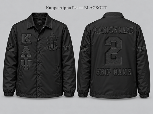 Kappa Alpha Psi Blackout line jacket with sample front back and sleeve embroidery