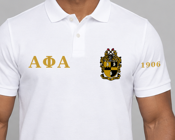 Alpha Phi Alpha premium embroidered white solid polo on model - chest embroidery close-up