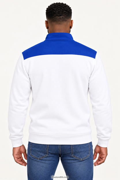 Black male model showing back of Phi Beta Sigma white quarter-zip with royal blue shoulder panel