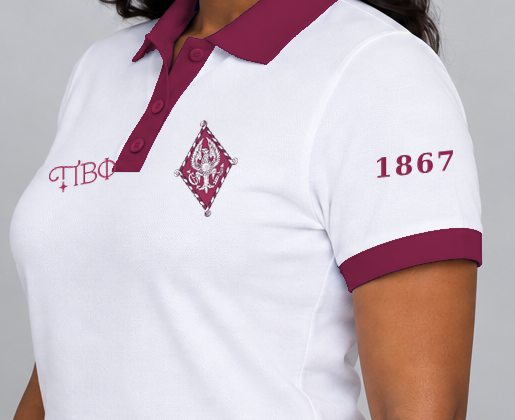 Pi Beta Phi premium embroidered white solid contrast trim polo on model - founding year sleeve detail