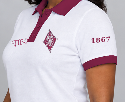Pi Beta Phi premium embroidered white solid contrast trim polo on model - founding year sleeve detail