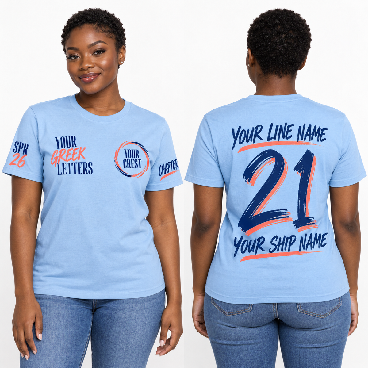 Custom Sorority Expressive Brush + Tall Serif Light Blue line name number ship name crossing shirt