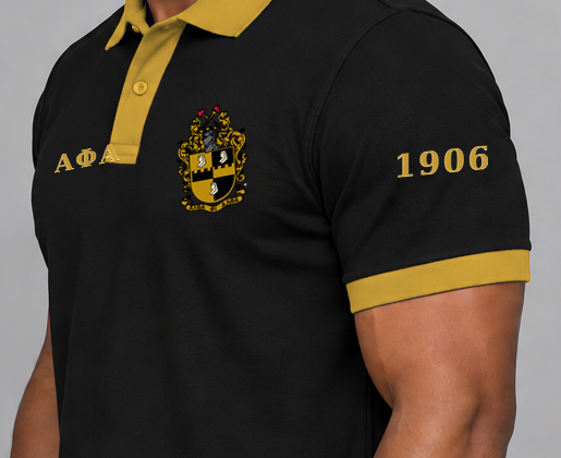 Alpha Phi Alpha premium embroidered black solid contrast trim polo on model - founding year sleeve detail