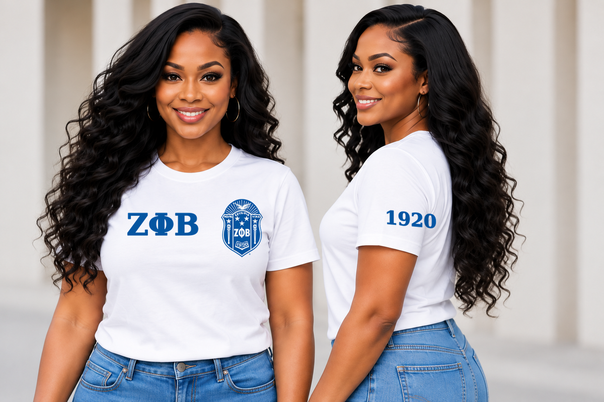 Zeta Phi Beta White classic printed T-shirt — model front and side