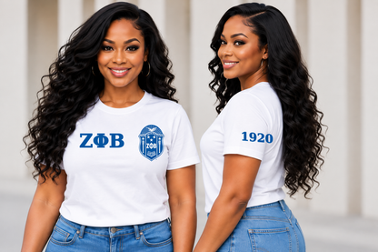 Zeta Phi Beta White classic printed T-shirt — model front and side