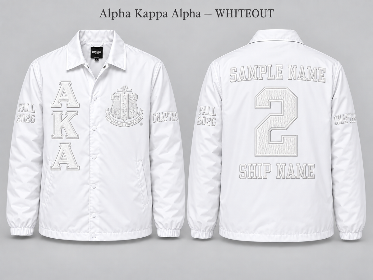 Alpha Kappa Alpha Whiteout line jacket with sample front back and sleeve embroidery