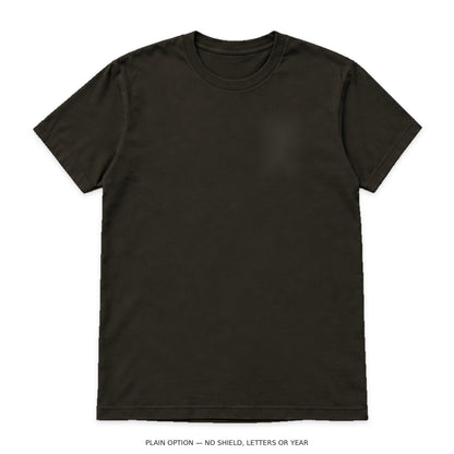 Plain option digital mockup: charcoal brown T-shirt with no shield, Greek letters, year or print; undecorated garment only