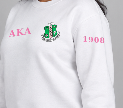 Alpha Kappa Alpha premium embroidered white solid crewneck sweatshirt on model - founding year sleeve detail