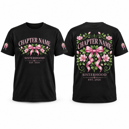 Custom sorority chapter full-color print sample, front and back on black unisex T-shirts
