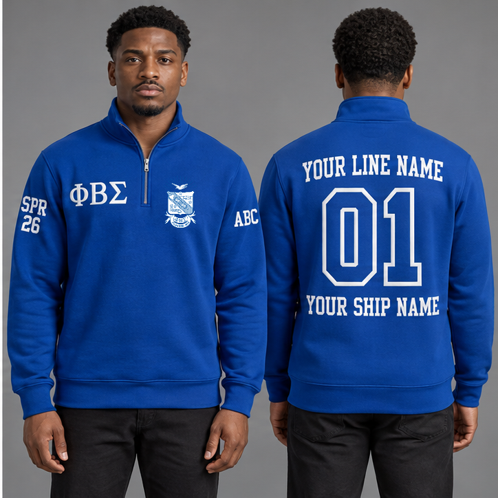 Phi Beta Sigma Royal Blue and White personalized quarter-zip sweatshirt on an adult model, original supplied crest and ΦΒΣ letters, sample line name, line number01, ship name, crossing year and chapter initials.