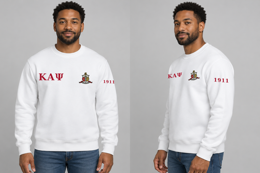 Kappa Alpha Psi premium embroidered white solid crewneck sweatshirt on model - front and side