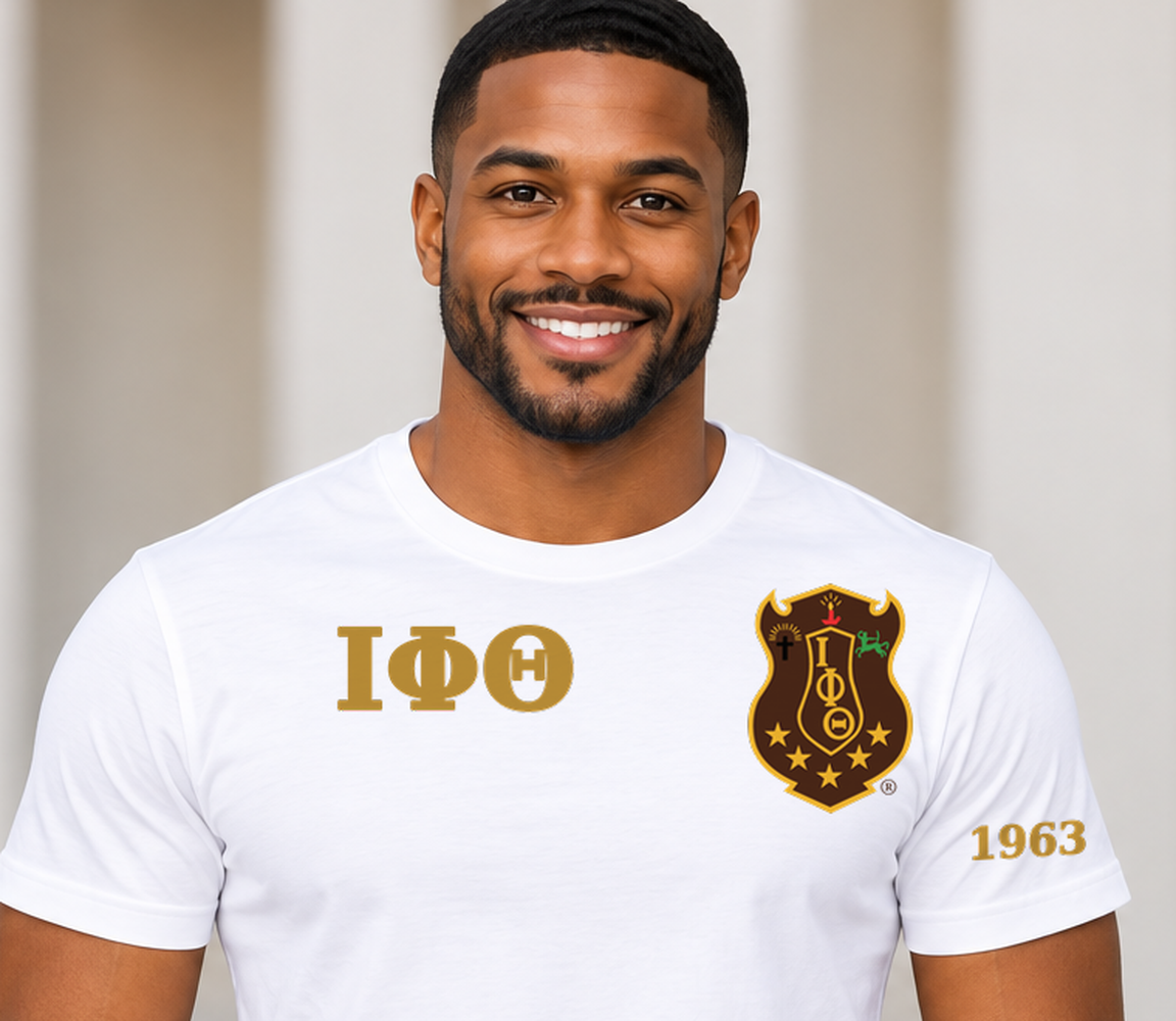 Iota Phi Theta White classic printed T-shirt — model close-up