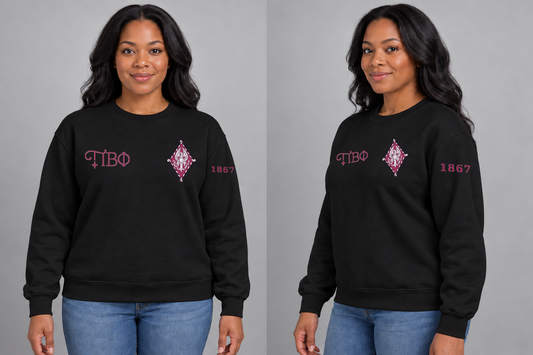 Pi Beta Phi premium embroidered black solid crewneck sweatshirt on model - front and side