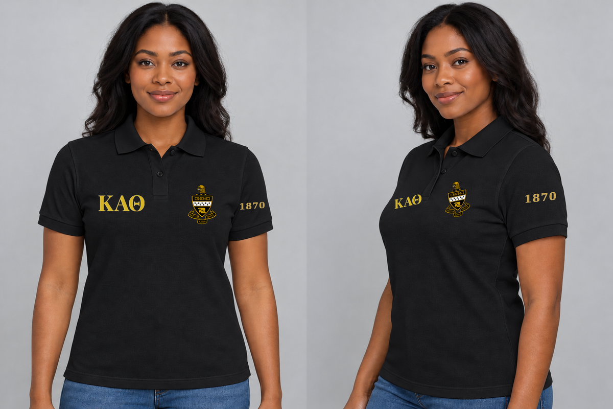Kappa Alpha Theta premium embroidered black solid polo on model - front and side
