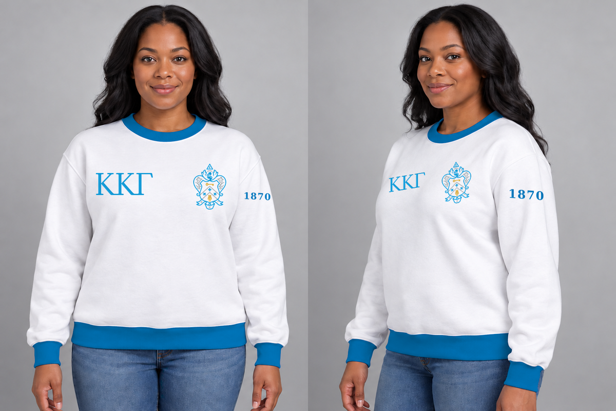 Kappa Kappa Gamma premium embroidered white solid contrast trim crewneck sweatshirt on model - front and side