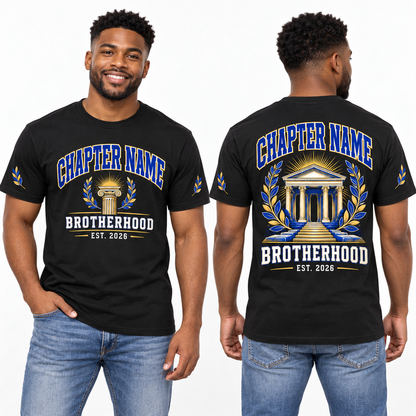 Custom Fraternity Chapter full-color printed T-shirt on model
