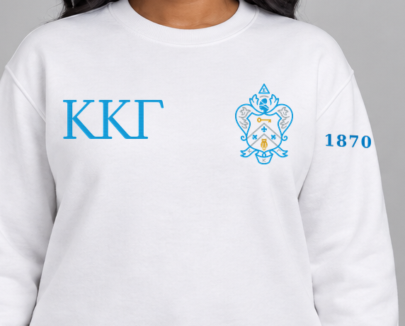 Kappa Kappa Gamma premium embroidered white solid crewneck sweatshirt on model - chest embroidery close-up