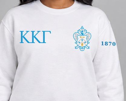 Kappa Kappa Gamma premium embroidered white solid crewneck sweatshirt on model - chest embroidery close-up