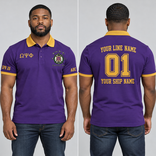 Omega Psi Phi Royal Purple and Old Gold personalized chapter polo on an adult model, supplied original crest and ΩΨΦ letters, sample line name, 01, ship name and sleeve text.