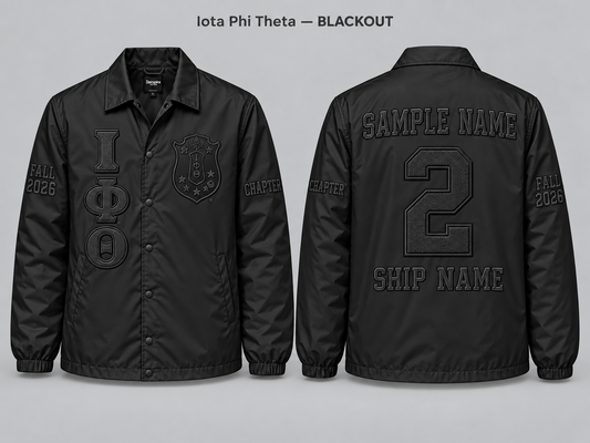Iota Phi Theta Blackout line jacket with sample front back and sleeve embroidery