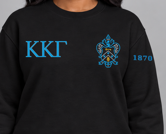 Kappa Kappa Gamma premium embroidered black solid crewneck sweatshirt on model - chest embroidery close-up