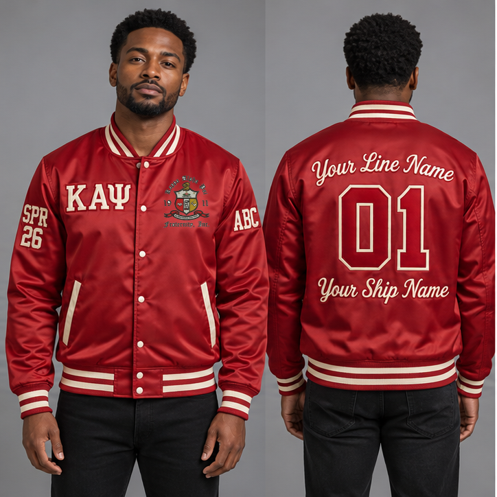 Kappa Alpha Psi Crimson and Cream personalized satin line jacket on an adult model, original supplied crest and ΚΑΨ letters, sample line name, line number 01, ship name, crossing year and chapter initials.