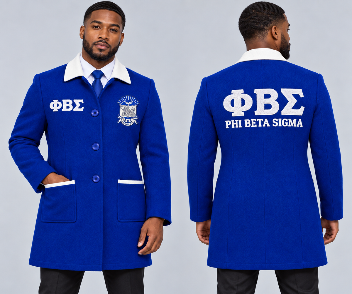 Black male model wearing Phi Beta Sigma fitted premium wool blend coat in royal blue and white, premium chenille Greek letters and embroidered crest, front and back views.