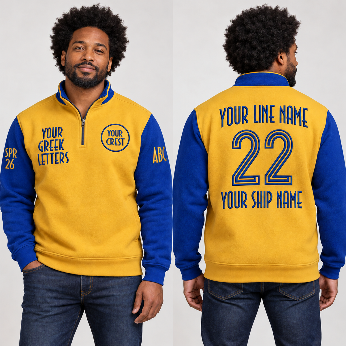 Quarter-Zip Sweatshirt Gold Royal Blue embroidered line name number ship name front back and sleeves on model