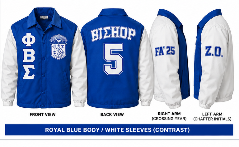 Phi Beta Sigma contrast line jacket with royal blue body, white sleeves, BIΣHOP, number 5, FA 25 and Z.O.