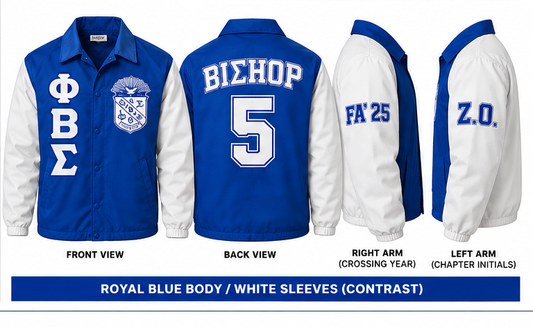 Phi Beta Sigma contrast line jacket with royal blue body, white sleeves, BIΣHOP, number 5, FA 25 and Z.O.