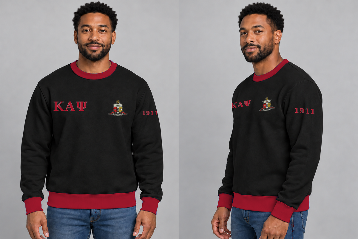 Kappa Alpha Psi premium embroidered black solid contrast trim crewneck sweatshirt on model - front and side