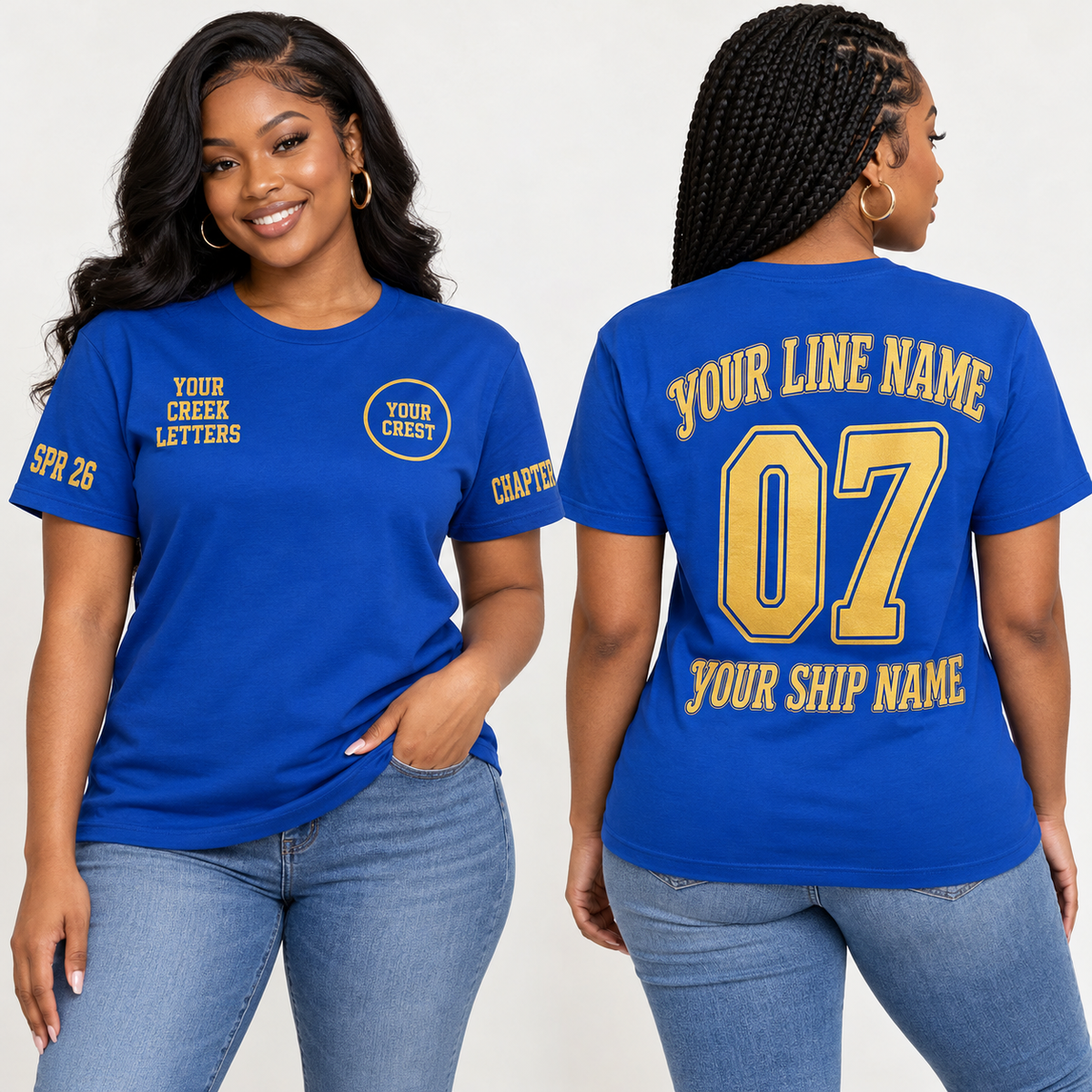 Sorority line shirt Collegiate Script Royal Blue with line name number ship name chapter and crossing year