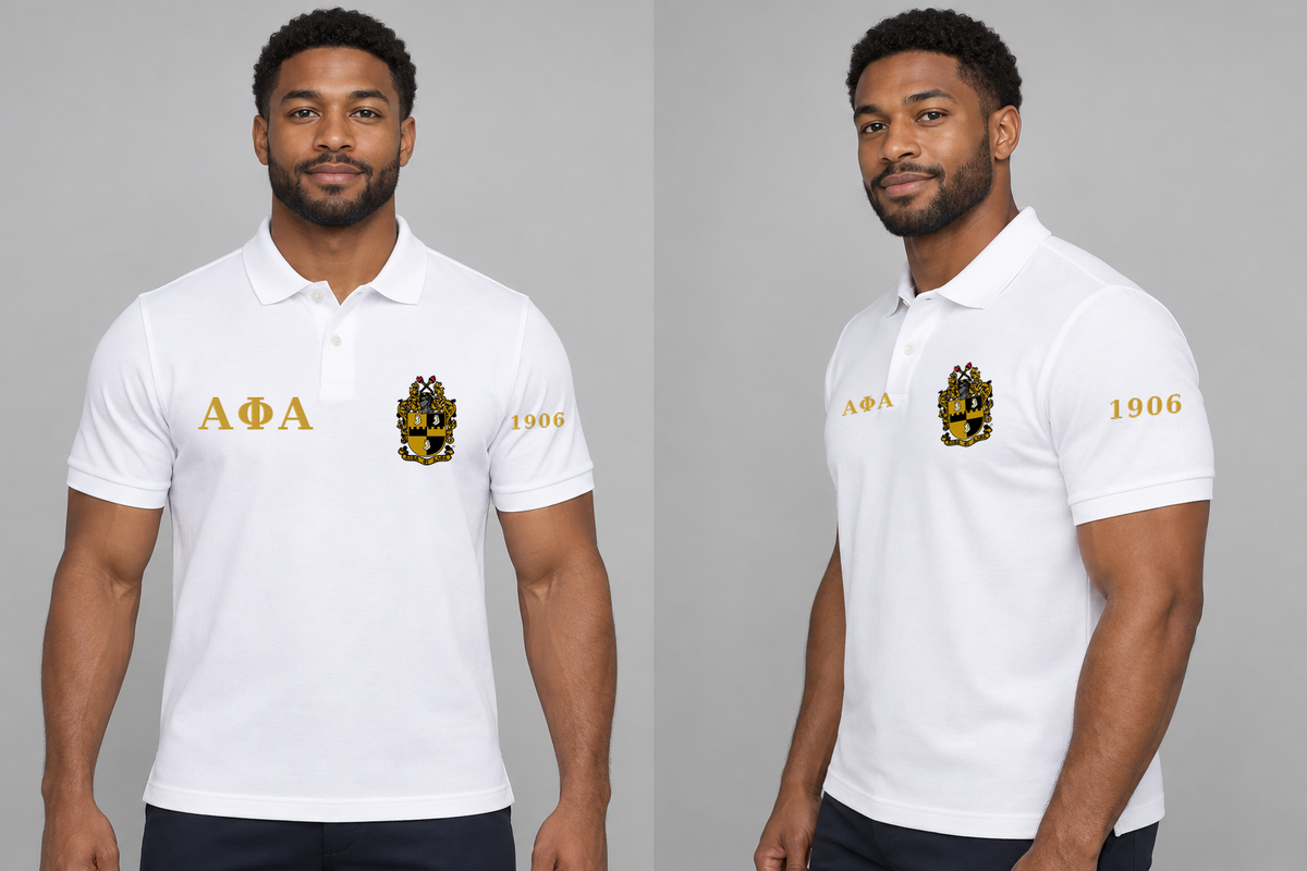 Alpha Phi Alpha premium embroidered white solid polo on model - front and side