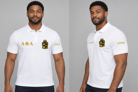 Alpha Phi Alpha premium embroidered white solid polo on model - front and side