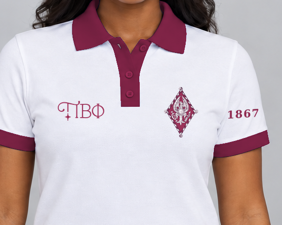 Pi Beta Phi premium embroidered white solid contrast trim polo on model - chest embroidery close-up